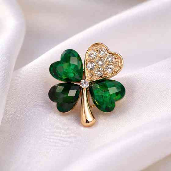 Брошь четырехлистник зеленый клевер со стразами, брошь на удачу 3×2.5 см Киев