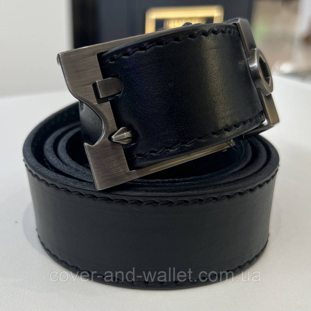 Модний чоловічий ремінь з натуральної шкіри з оригінальною пряжкою на дві спиці 40 мм PS Leather (чорний) Київ - фото 1