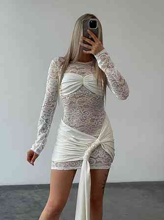 Женское привлекательное платье с юбкой гипюр + микродайвинг Молочный, 44/46 Одесса