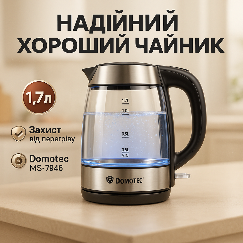 Бытовой чайник для кухни Domotec, Современный электрочайник для дома, Електрочайник фирменный UN-13 Львов - изображение 9