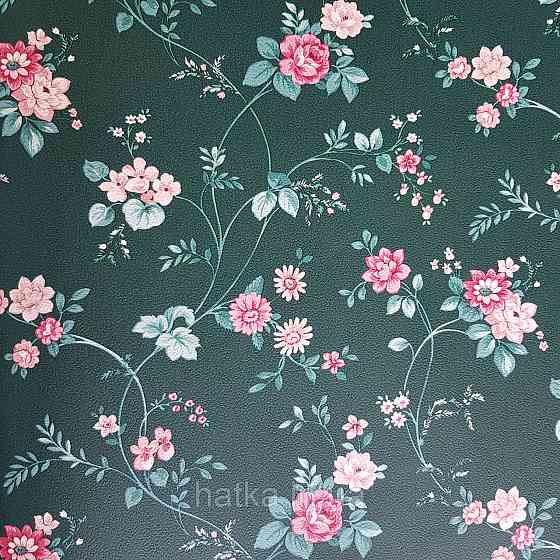 Шпалери вінілові на флізелін 0.53х10.05 м Rasch Textil Petite Fleur 5.квіти рожеві троянди зелені на зеленому Київ