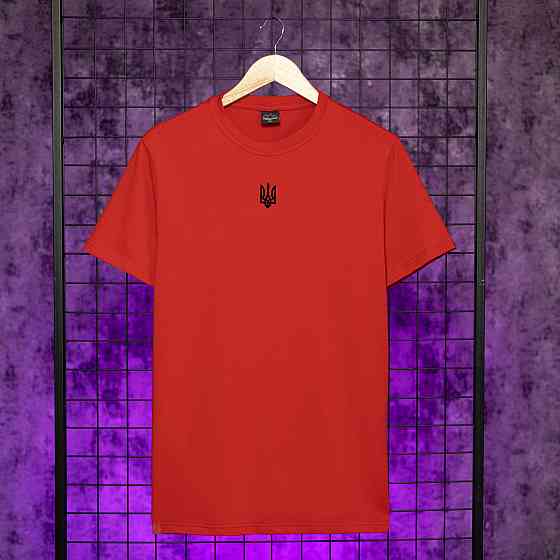 Футболка чоловіча однотонна червона Pobedov Peremoga - Герб чорна вишивка Київ