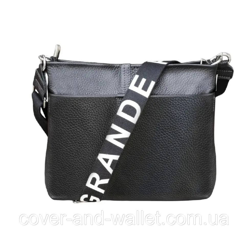 Стильна жіноча шкіряна сумка-кроссбоді з текстильним ремінцем чорного кольору Grande Pelle 729710 Київ - фото 5