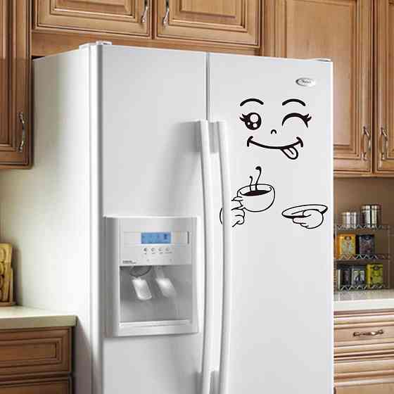 Наклейка на холодильник Смайлик з кавою 28 на 20 см чорний Київ