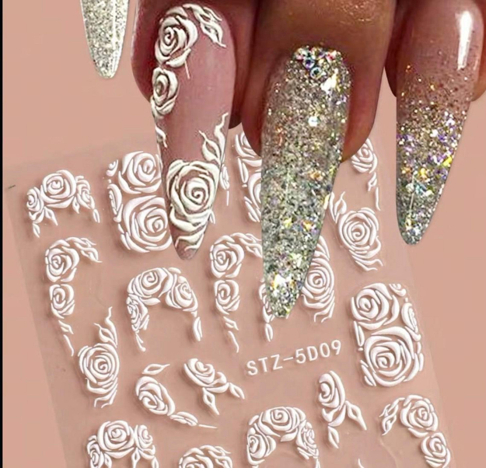 Наклейки для ногтей 3D с розами, белые слайдеры для дизайна маникюра Киев - изображение 2