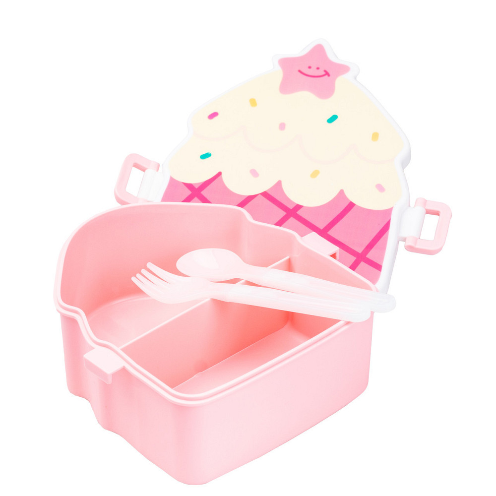 Дитячий ланч бокс на дві секції 950 мл пластиковий з вилкою та ложкою "Тістечко" Рожевий HP12271P Київ - фото 2