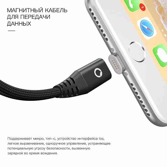 Магнитный кабель USB Type-C PZOZ для зарядки и передачи данных (Черный, 2м) Николаев