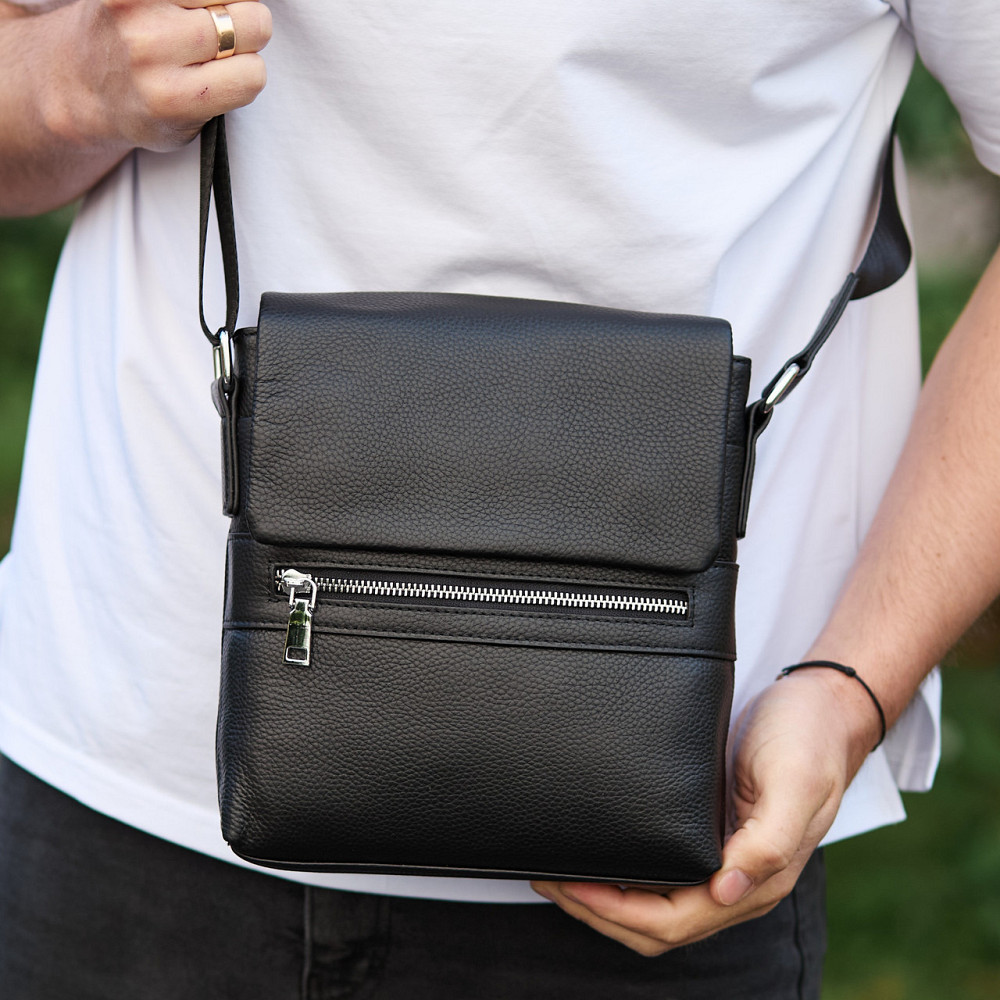 Кожаная мужская сумка-мессенджер 21х23х5.5, сумочка кросс боди через плечо черная Tiding Bag 56230 Киев - изображение 6