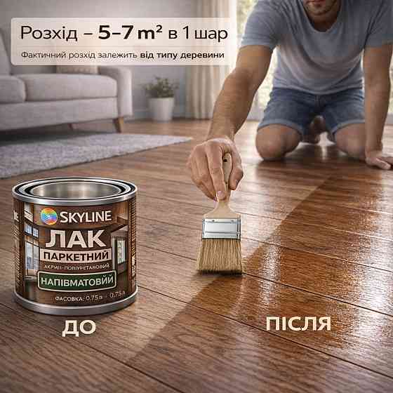 Лак для підлоги напівматовий Skyline паркетний, акрил-поліуретановий, водний, зносостійкий, без запаху, 750 мл Харків