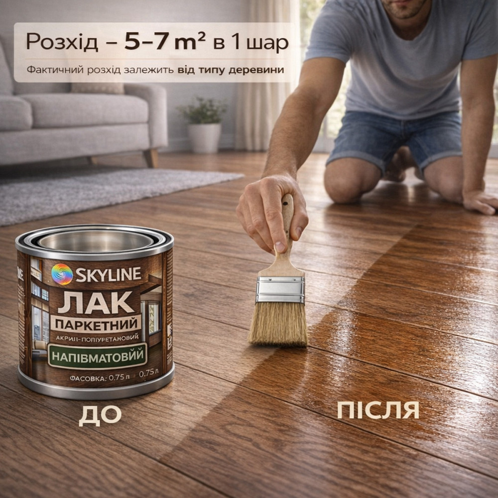 Лак для підлоги напівматовий Skyline паркетний, акрил-поліуретановий, водний, зносостійкий, без запаху, 750 мл Харків - фото 5