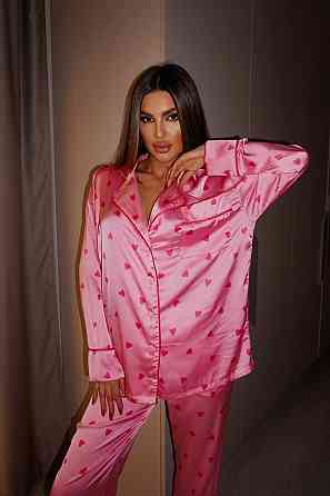 Женская пижама двойка с сердечками из шелка армани. Малиновый, 40/42 Одесса