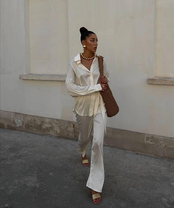 Жіночий легкий брючний костюм-двійка: сорочка та штани із шовку Молочний, 46/48 Одеса - фото 4