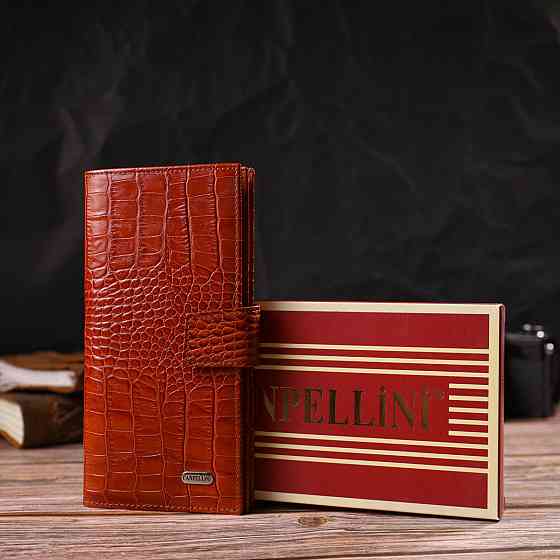 Лаковане вертикальне чоловіче портмоне з натуральної фактурної шкіри з тисненням під крокодила Коричневе (CANPELLINI) Київ