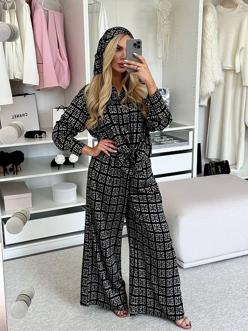 Жіночий легкий принтований костюм-двійка: сорочка та штани з хусткою сатин Чорний 2 Одеса - фото 4