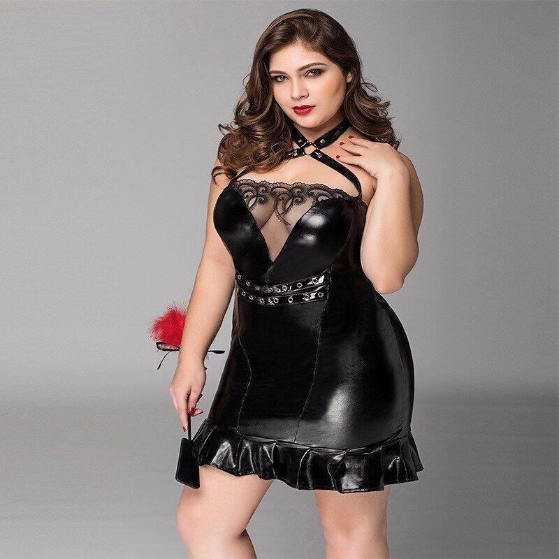 Латексна сукня JSY «Спокушена Лізі» Plus Size Black, мереживо, люверси, чокер Sex Aura Київ - фото 1