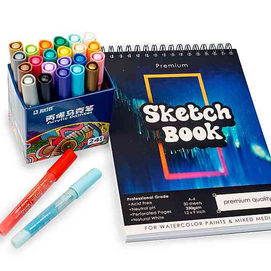 Готовий комплект для малювання, Набір акрилових маркерів 24 кольори + скетчбук для малювання на 50 аркушів А4 Кам'янець-Подільський