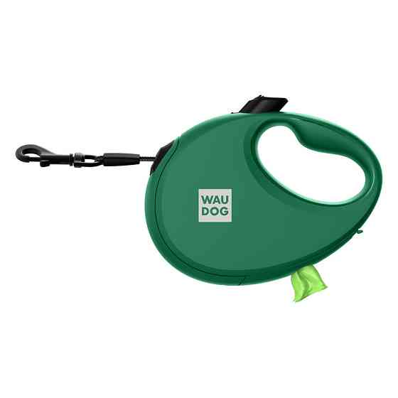 Поводок-рулетка для собак WAUDOG R-leash с контейнером для пакетов, светоотражающая лента, L, до 40 кг, 5 м, зеленый Киев