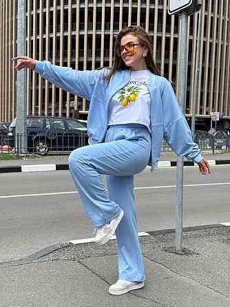 Женский костюм оверсайз с широкими брюками из двунитки Голубой 54/56 Харьков