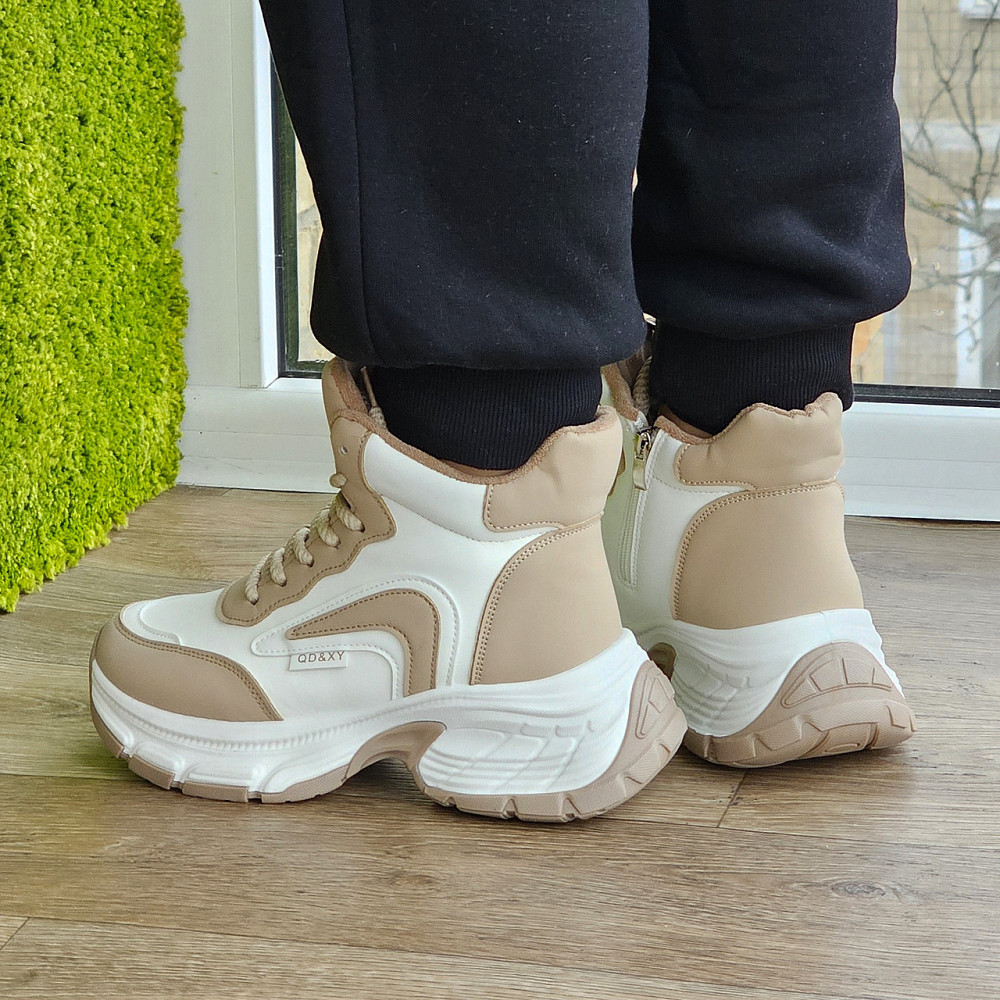 Зимові Білі жіночі Кросівки з МЕХОМ на Толстой Підошві Танкетке Ботинки Шкіряні Бежеві (розміри: 36,37,38,39,40) Дніпро - фото 3