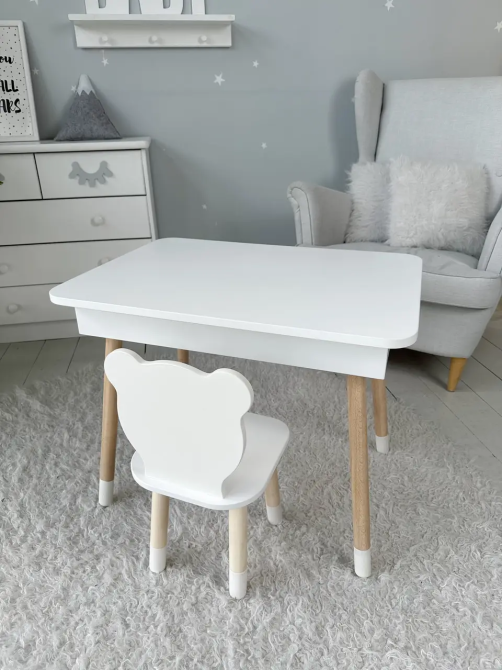 Детский столик с ящиком для карандашей + стульчик Мишка (Белый) Київ - фото 2