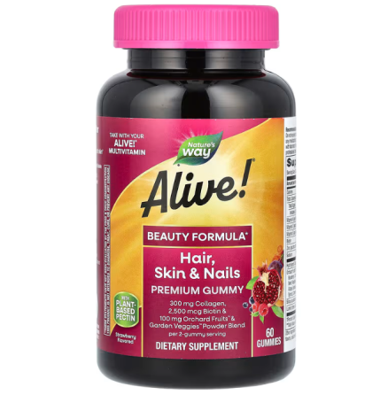 Вітаміни для волосся, шкіри та нігтів з колагеном (Alive Skin, Nails, Hair with Collagen) зі смаком полуниці 60 жувальних таблеток Київ
