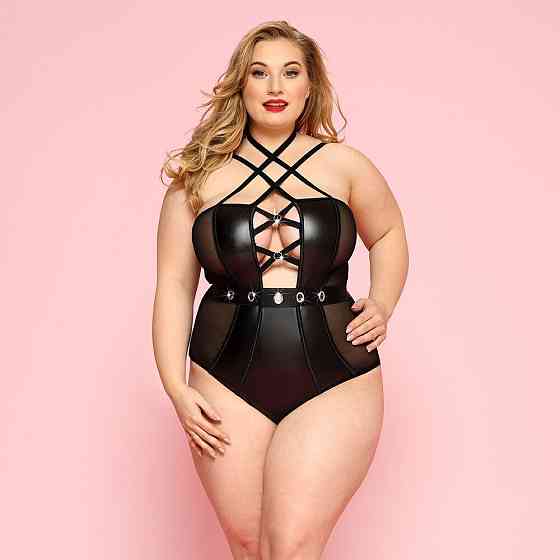Сексуальне боді JSY «Пристрасна Лорейн» Plus Size Black, люверси, стрепи, екошкіра, шнурівка Sex Aura Київ