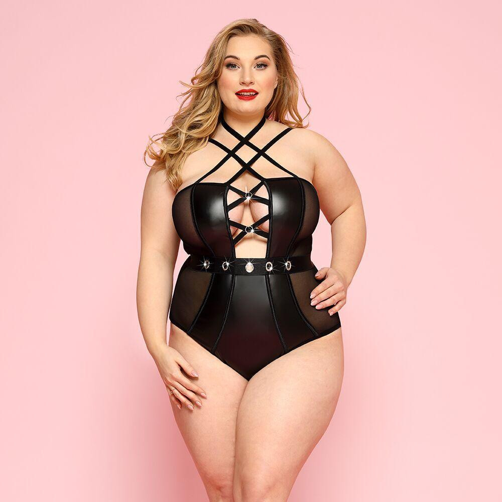 Сексуальне боді JSY «Пристрасна Лорейн» Plus Size Black, люверси, стрепи, екошкіра, шнурівка Sex Aura Київ - фото 1