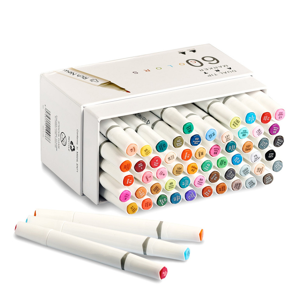 Набір професійних маркерів двосторонніх 60 штук Rich New для малювання і скетчинга на спиртовій основі Кам'янець-Подільський - фото 7