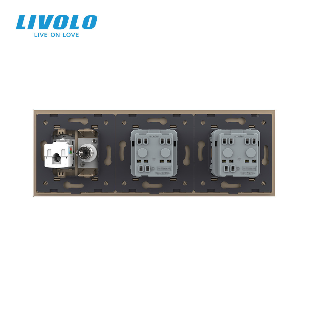 Розетка тримісна комбінована Силова Інтернет ТБ Livolo золото скло (VL-C7C2EU1C1V-13) Коломыя - изображение 6