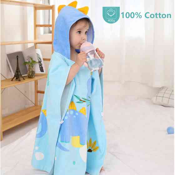 Детское Полотенце Пончо Lovely Svi  – Пляжное Полотенце с Капюшоном Дино М (1-6 лет) Голубой Махра Хлопок Киев