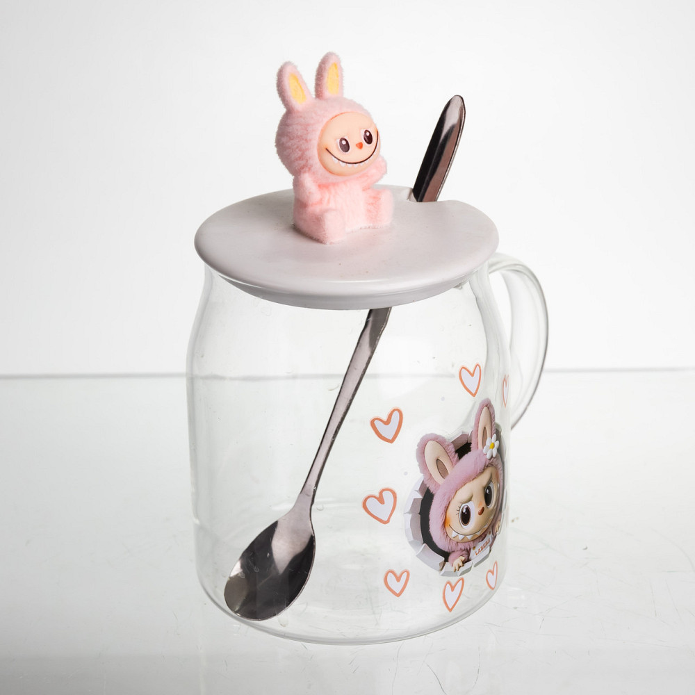 Yiwu Новорічна велика скляна чашка "Лабубу" з кришкою та ложкою 600 мл, Святкова кружка чашка д Коломия - фото 3