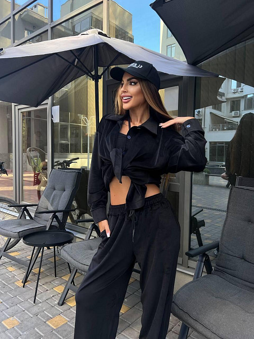 Женский прогулочный костюм двойка: рубашка + штаны палаццо турецкий велюр спорт Черный, 46/48 Одесса - изображение 5