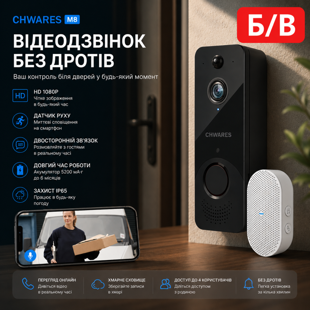 Б/В Бездротовий відеодзвінок CHWARES M8 з дзвінком, HD 1080P, датчик руху, IP65 Київ - фото 1