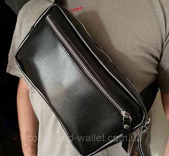 Мужская сумка бананка слинг из натуральной гладкой кожи черного цвета PS Leather Киев