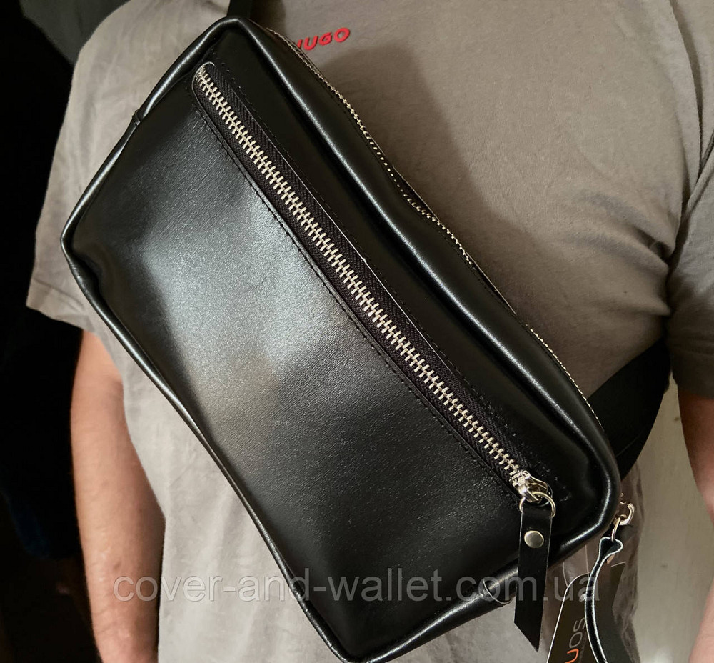 Мужская сумка бананка слинг из натуральной гладкой кожи черного цвета PS Leather Киев - изображение 1