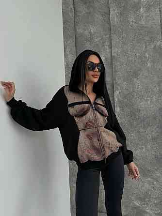 Женская стильная оверсайз худи с капюшоном на молнии петля пенье + турецкая рибана Черный, 48/50 Одесса