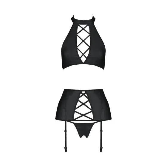 Комплект з екошкіри Passion NANCY SET 4XL/5XL black, імітація шнурівки, топ, пояс для панчіх Львів