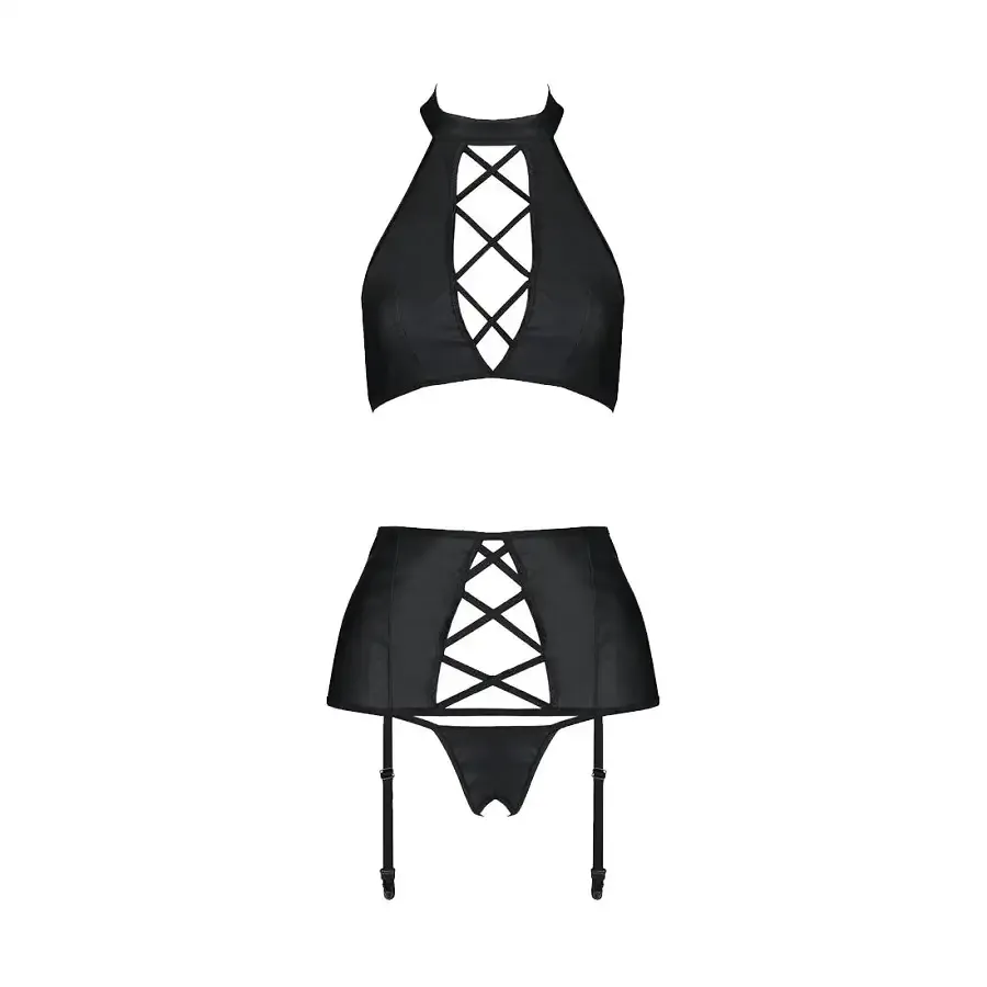 Комплект з екошкіри Passion NANCY SET 4XL/5XL black, імітація шнурівки, топ, пояс для панчіх Львов - изображение 3