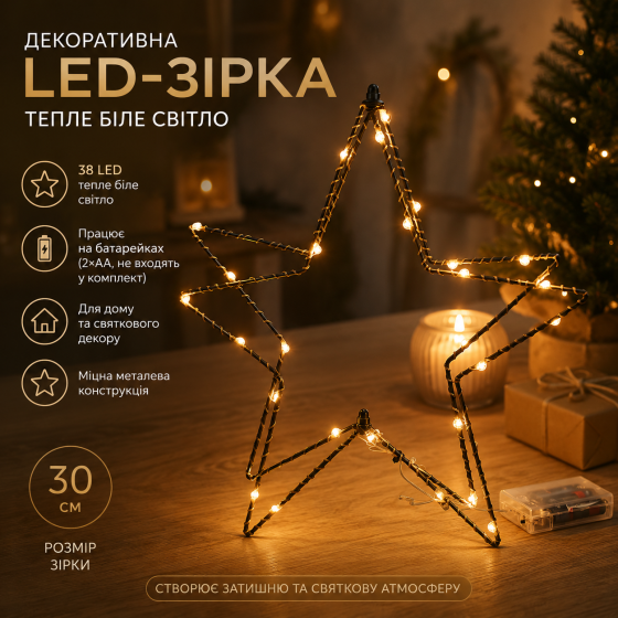 Декоративная LED-звезда, 38 LED, теплый белый свет, настольная металлическая звезда, 30 см, на батарейках Киев