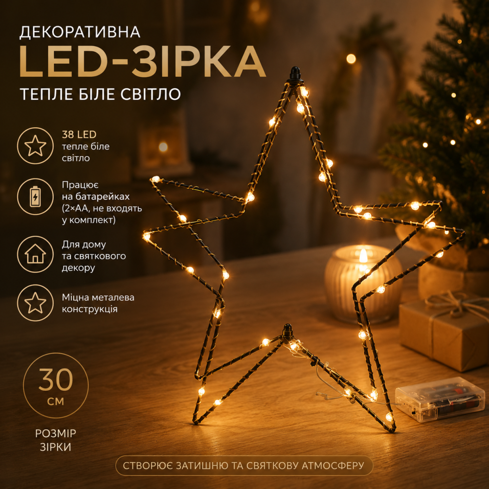 Декоративная LED-звезда, 38 LED, теплый белый свет, настольная металлическая звезда, 30 см, на батарейках Киев - изображение 3