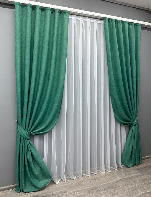 Комплект готовых штор VR-Textil Лен Мешковина № 111ш Бирюзовый 150х275 см 2 шт (30-370) Киев - изображение 3