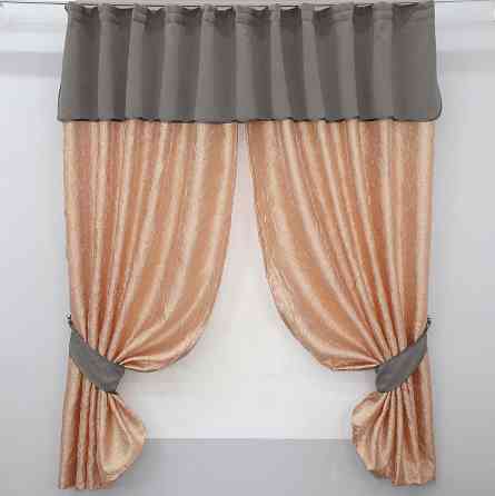 Кухонные шторы VR-Textil № 073к с ламбрекеном и подхватами персиковый со светло-серым 275х170 см (52-0137) Киев