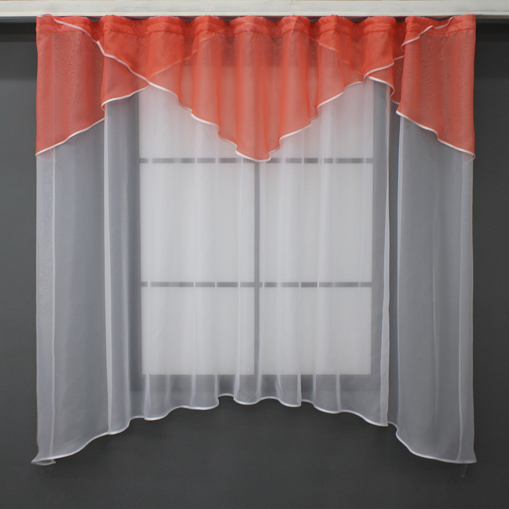 Кухонная тюль арка с ламбрекеном VR-Textil № 025к белый с коралловым 280х170 см (52-1003) Киев - изображение 1