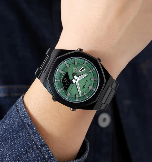 Чоловічий наручний годинник на сталевому браслеті Skmei 1816 (Чорний із зеленим та чорним циферблатом) Вінниця - фото 4