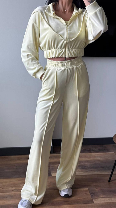 Женский плюшевый костюм тройка: кофта топ и штаны велюр Лимонный, 42/44 Одесса - изображение 1