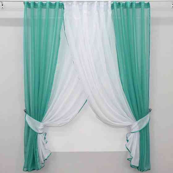 Кухонные шторки VR-Textil № 096к с подвязками бирюзовый с белым 400х170 см (50-805) Киев