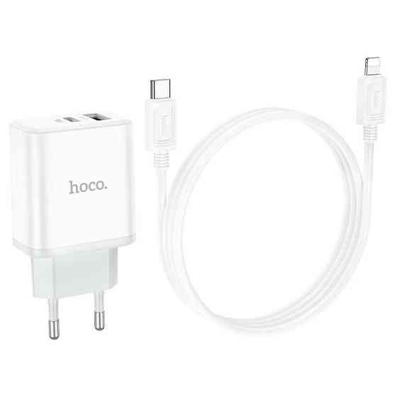 Мережевий зарядний пристрій з кабелем HOCO C105A Stage dual port PD20W+QC3.0 charger set (C to iP)(EU) White Одеса