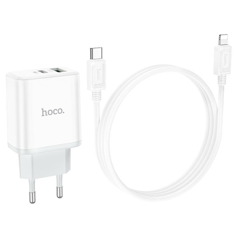 Сетевое зарядное устройство с кабелем HOCO C105A Stage dual port PD20W+QC3.0 charger set (C to iP)(EU) White Одесса - изображение 4