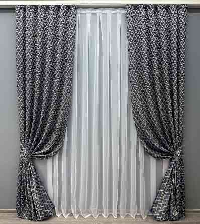 Комплект готових штор VR-Textil Жакард RUBI № 1758ш Темно-синій з молочним 150х300 см 2 шт (33-0716) Київ