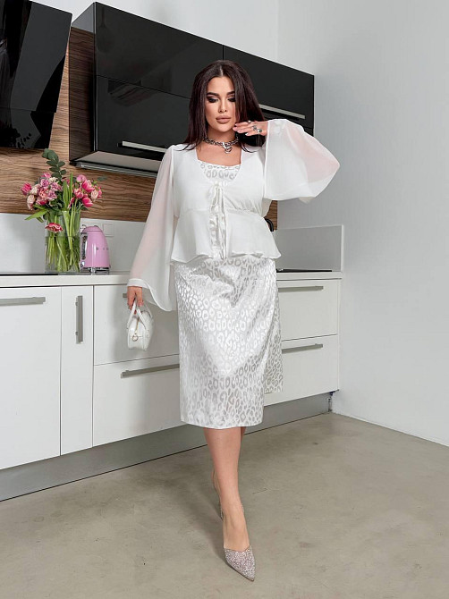 Жіноче базове шовкове плаття та шифонове блуза-плаття-плотний шовк + шифонова кофтинка Молочний, 54/56 Одеса - фото 2